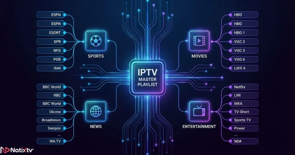 IPTV playlists organizing an IPTV channels list by category