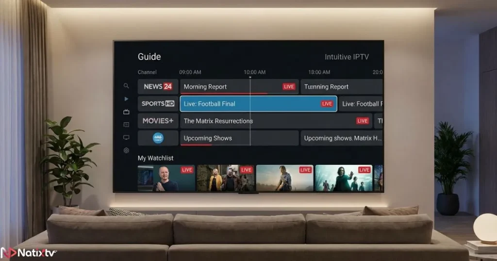 IPTV schedule interface showing live TV schedule and upcoming programs