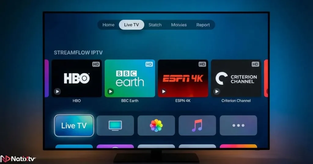 Apple TV IPTV player showing a clear menu of channels for the best apple tv iptv app.