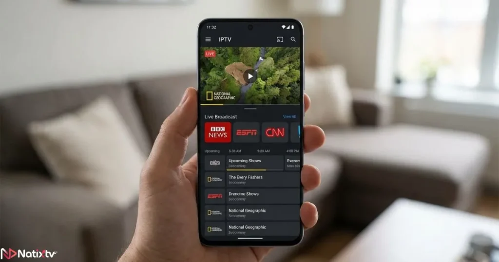 IPTV Android app interface with live TV and program guide