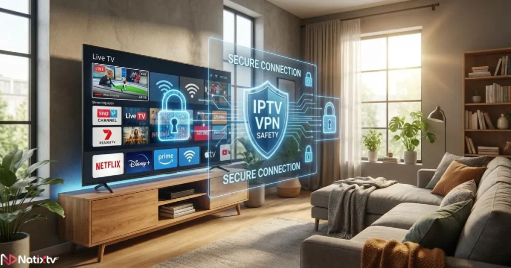 IPTV streaming setup illustrating iptv vpn safety with encrypted digital overlay.