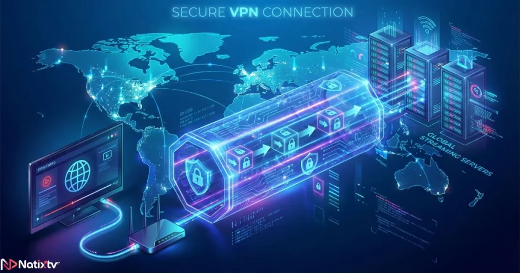 iptv security illustration showing encrypted VPN tunnel protecting streaming connection