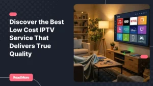 Family enjoying high-quality entertainment with a low cost IPTV service on multiple devices in a cozy living room.