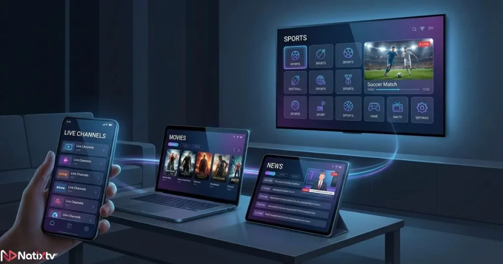 Multiple devices displaying affordable IPTV content, illustrating a modern low cost IPTV service setup.