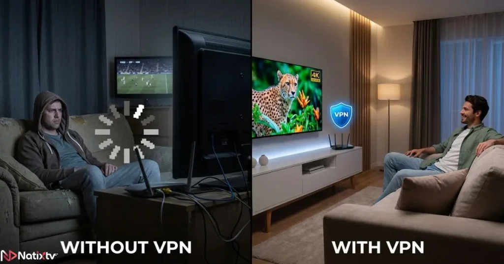 vpn for streaming iptv showing buffering vs smooth playback comparison