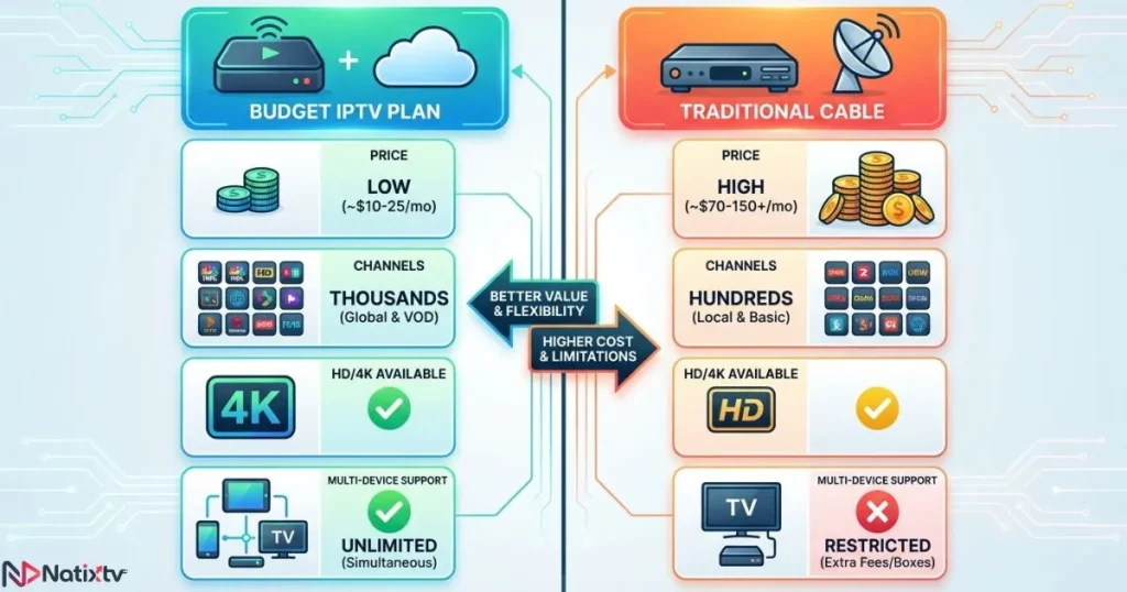 Visual comparison of cheap IPTV plans and traditional cable, highlighting features of a low cost IPTV service.