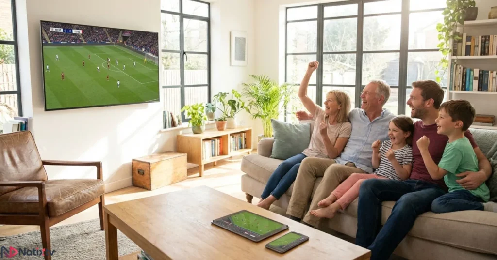 family enjoying premium IPTV USA on multiple devices at home