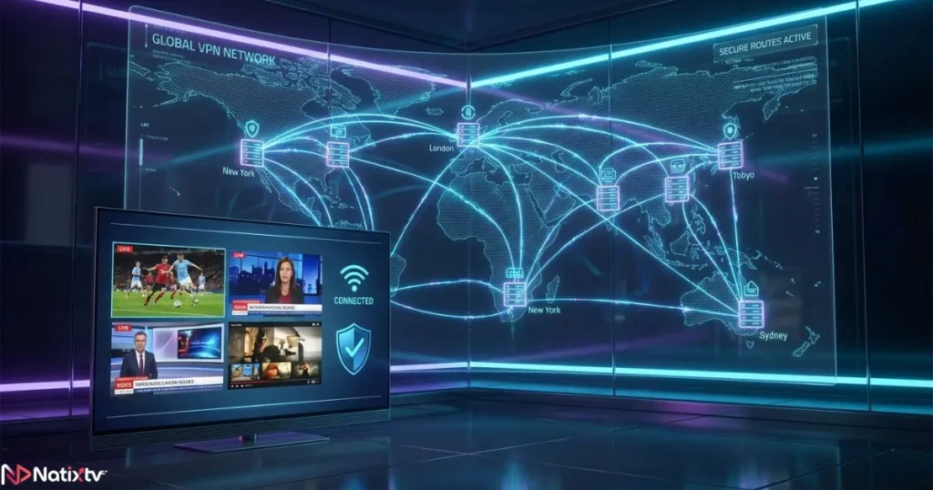 fast vpn iptv connection showing optimized global streaming network routes