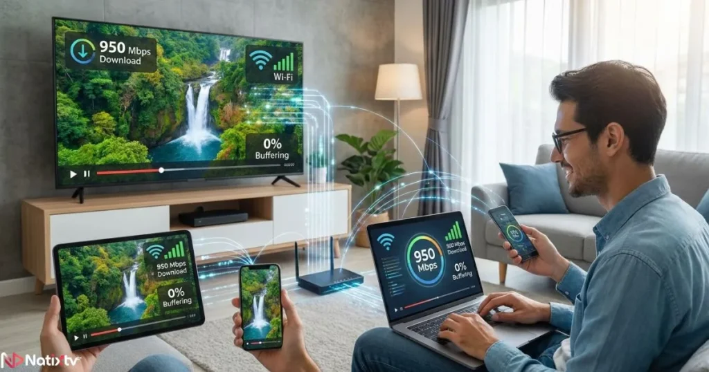 User enjoying high-quality streaming on multiple devices with a reliable budget IPTV setup.
