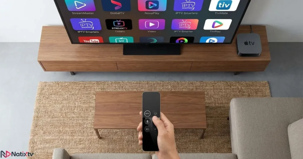 Comparison of different IPTV Apple TV apps displayed on Apple TV screen.