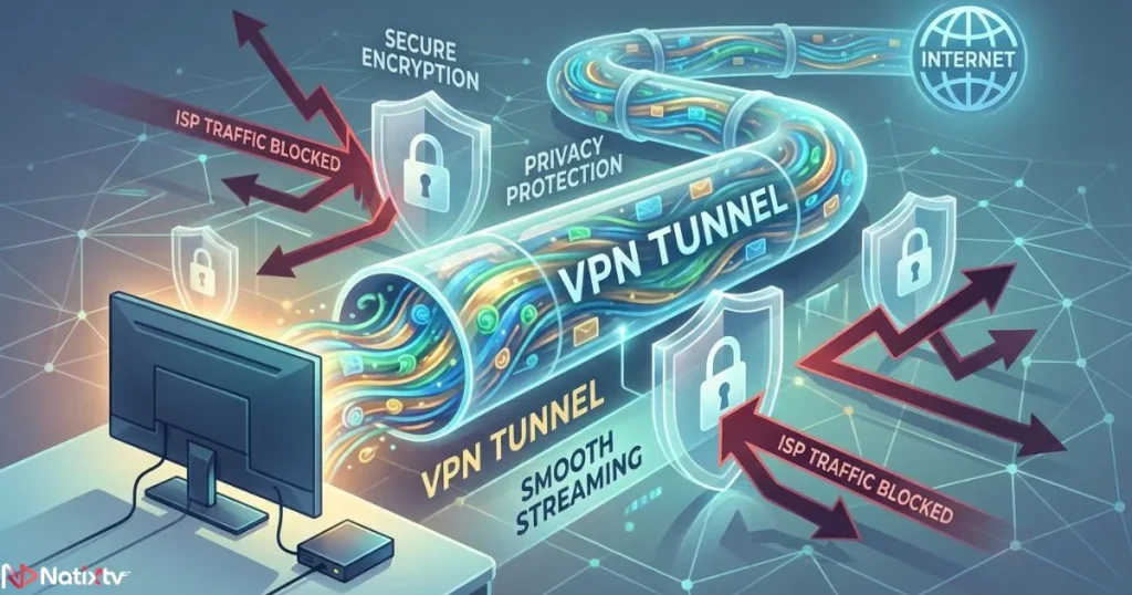 VPN tunnel showing secure vpn iptv streaming and privacy protection for IPTV users.