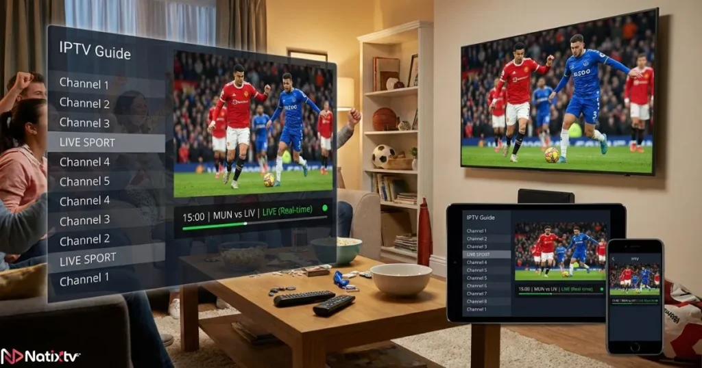 Live TV schedule displayed in an IPTV channel guide during a sports event