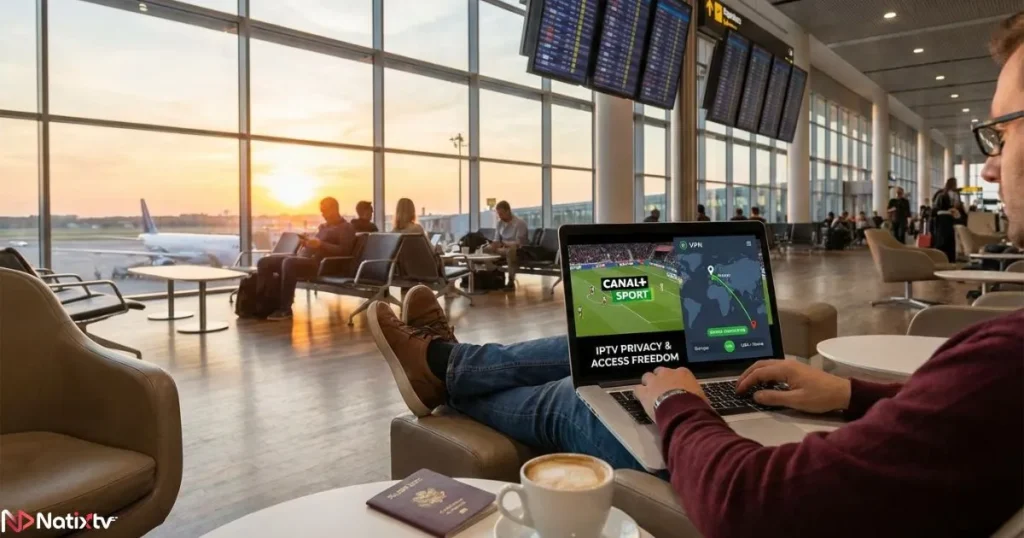 User accessing IPTV abroad securely using vpn for iptv and maintaining privacy.