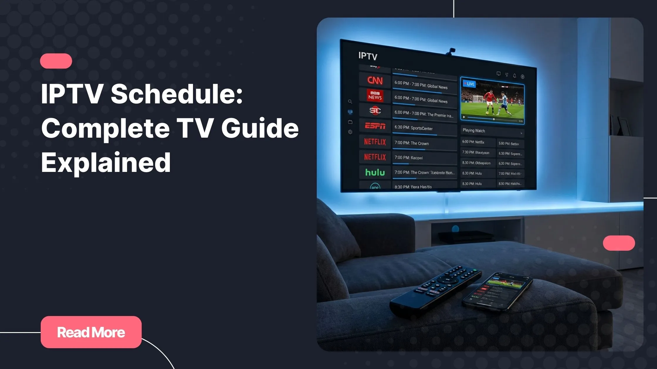 IPTV schedule displayed on a smart TV with a modern IPTV TV guide interface
