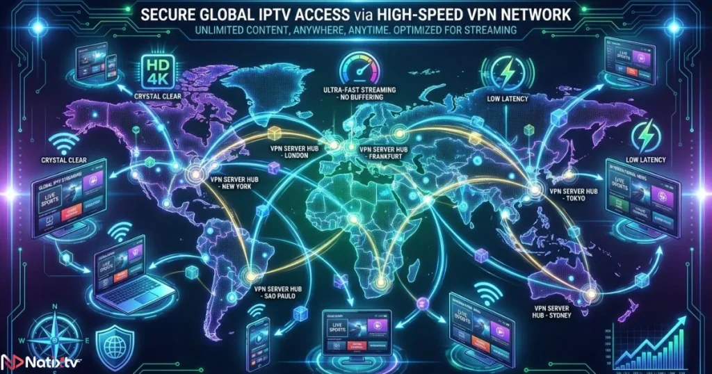 Visual showing iptv vpn setup with servers optimized for secure streaming across devices.