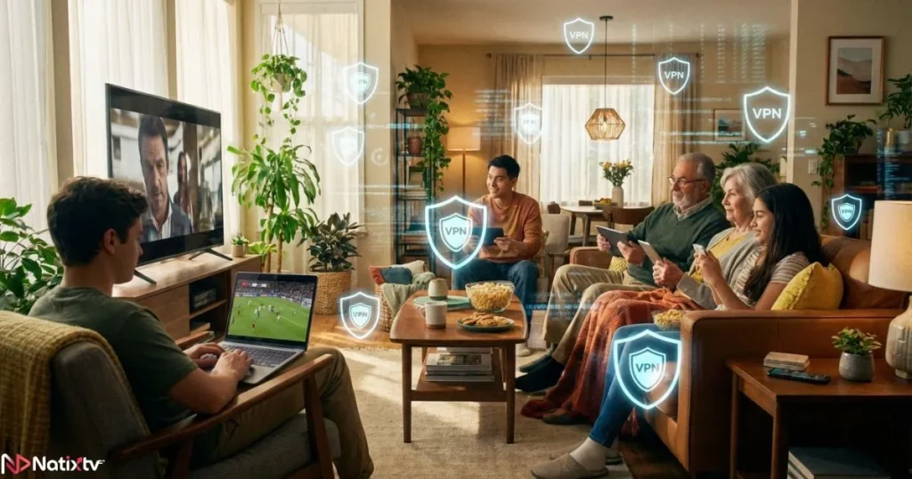 Family enjoying secure iptv streaming on multiple devices safely at home.