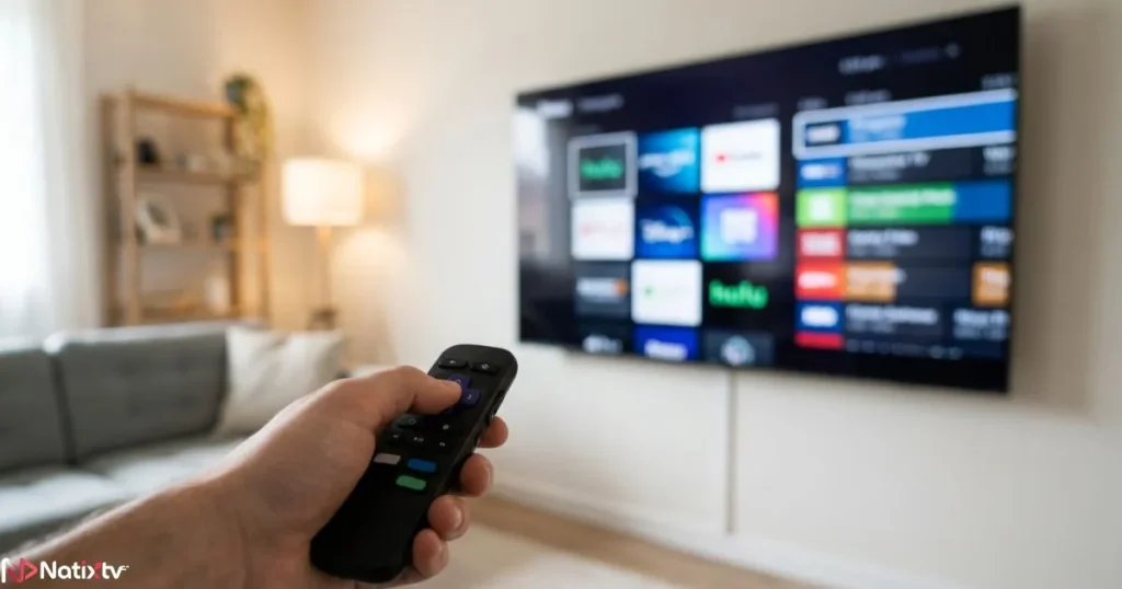 Roku IPTV setup showing IPTV interface on television