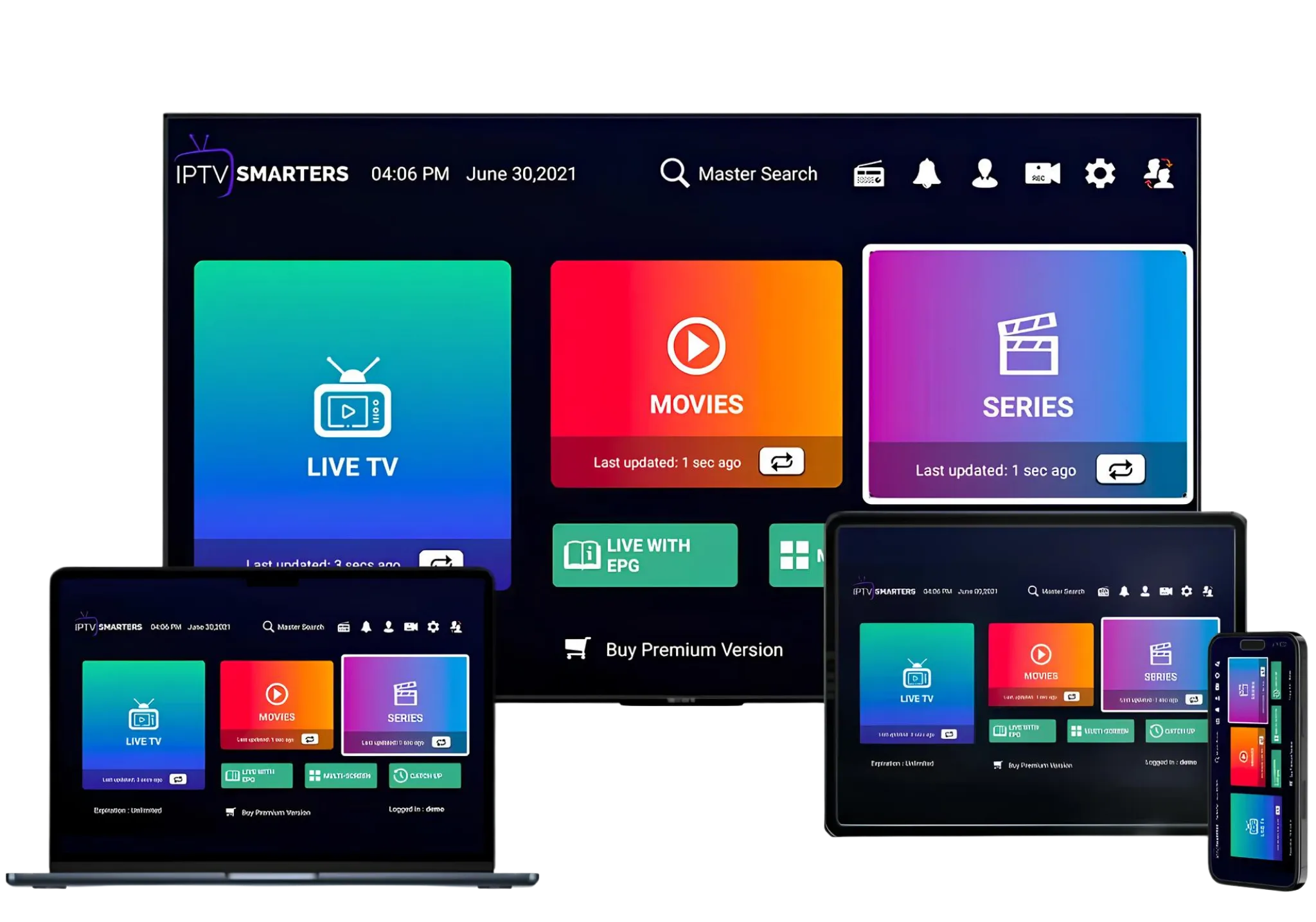 IPTV setup across Smart TV, smartphone, tablet, and streaming devices