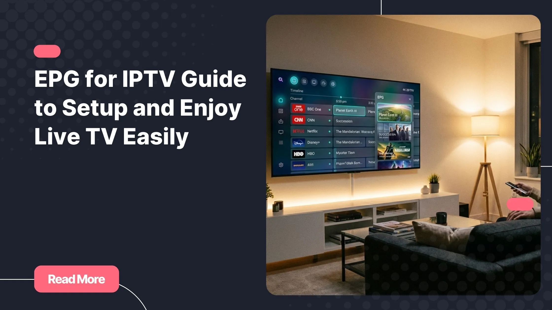 EPG for IPTV interface displayed on a smart TV in a modern living room