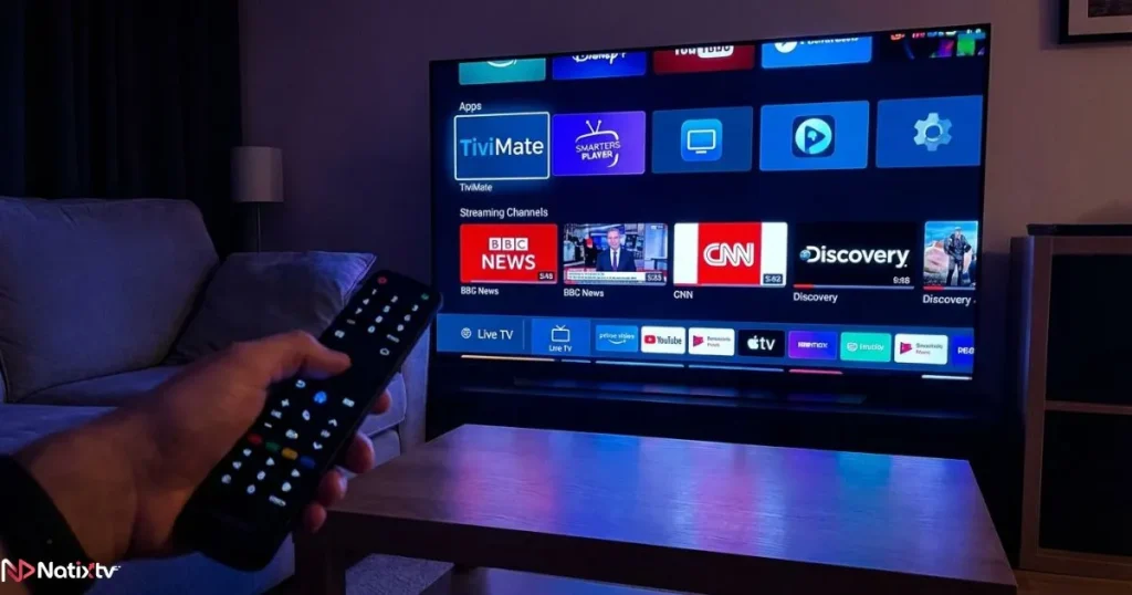 Android IPTV box interface showing IPTV apps and channels