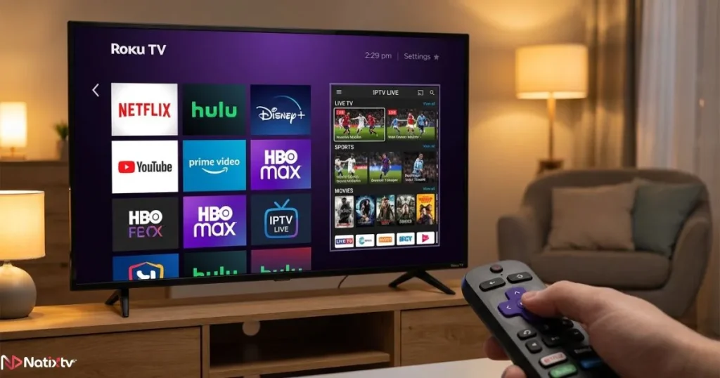 roku iptv app interface showing live streaming channels