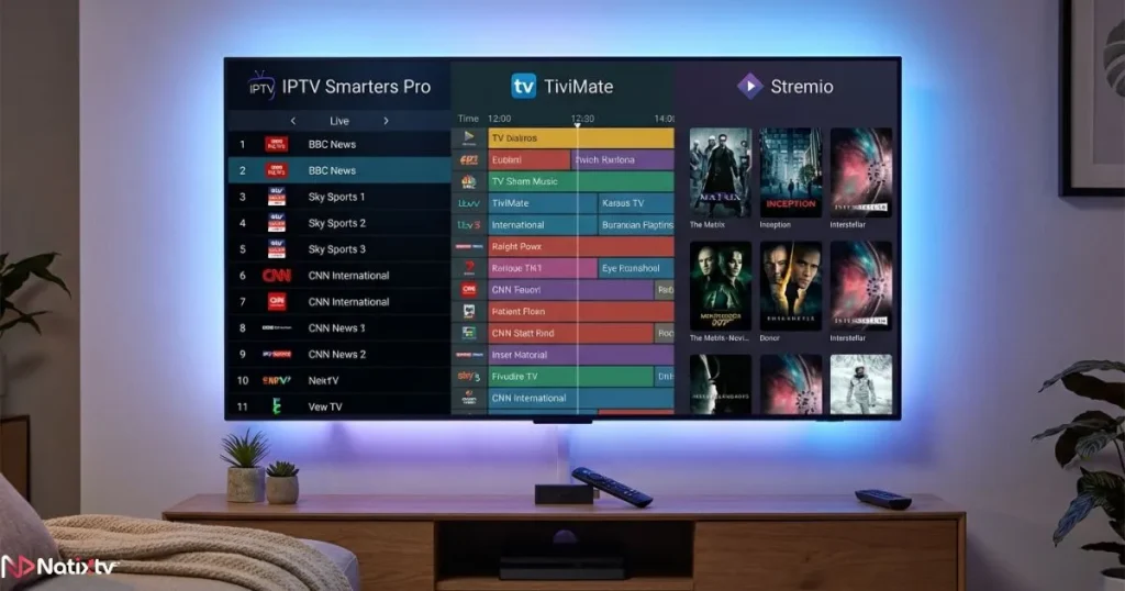 firestick iptv app interface showing channel lists