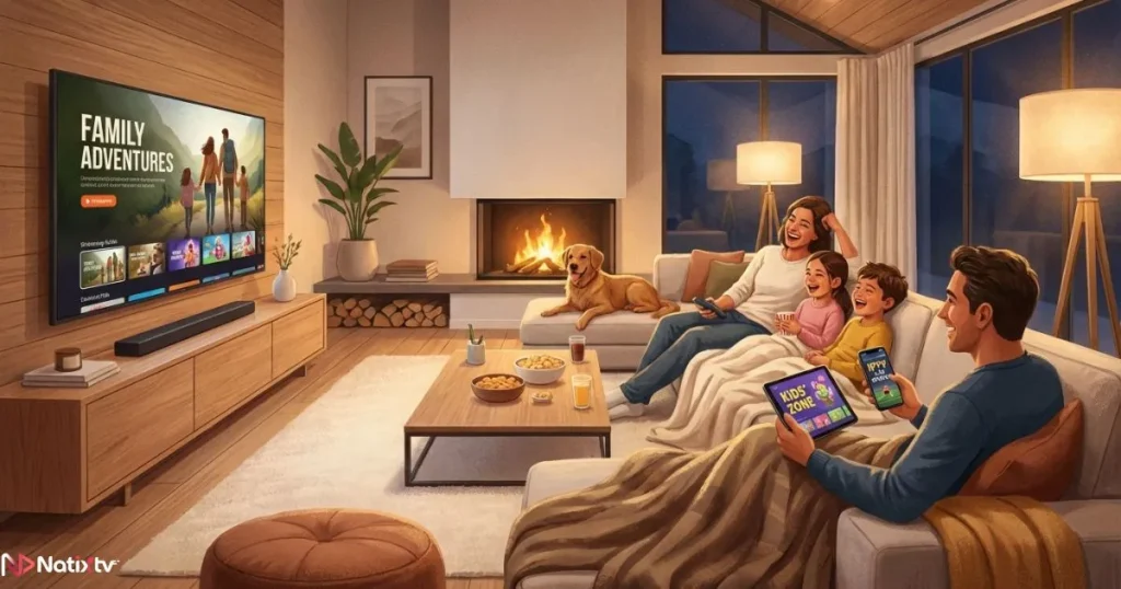 Family enjoying premium IPTV subscription on multiple devices in a modern living room.