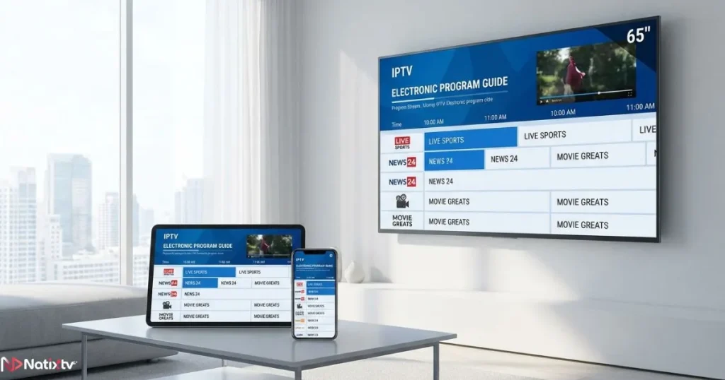 IPTV EPG guide displayed across multiple devices including TV, tablet, and smartphone