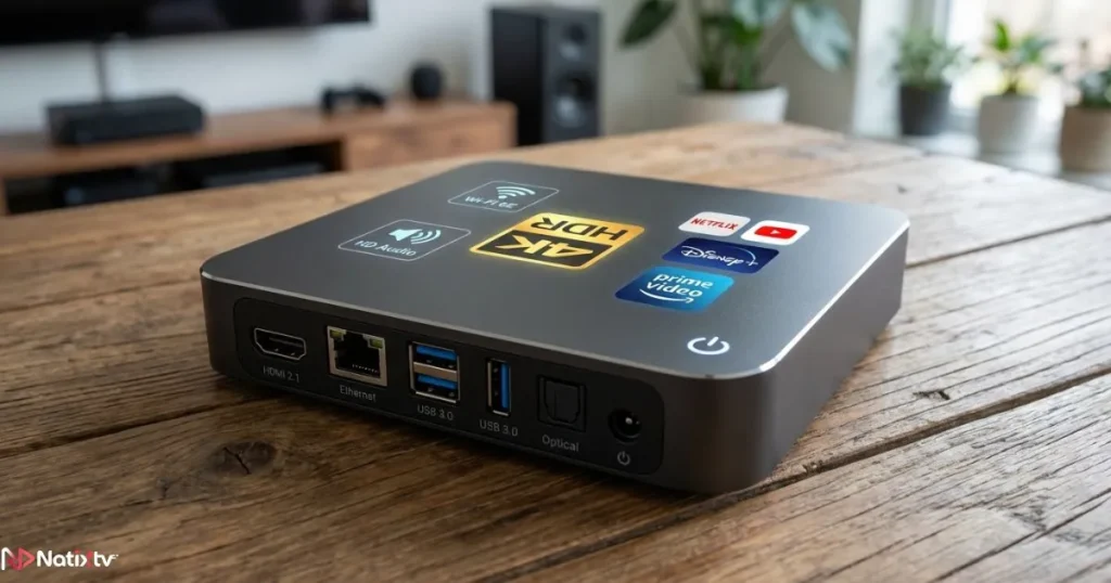 Close-up of a top rated IPTV box highlighting its hardware and connectivity features.
