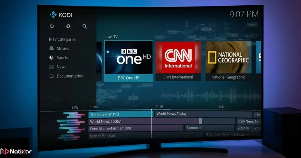 kodi iptv player live tv interface with channel playlist