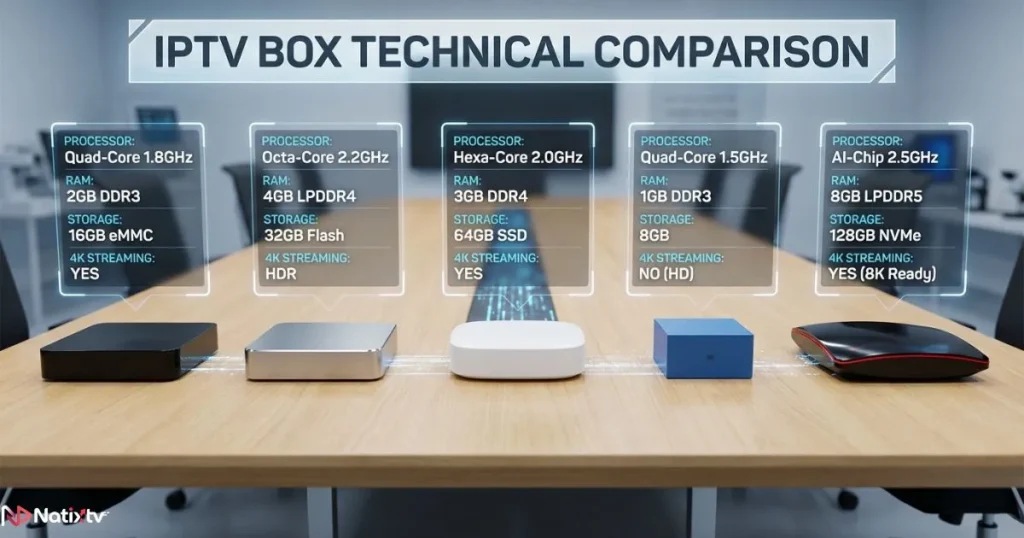 Comparison of the best IPTV box 2026 models showing hardware and streaming features.