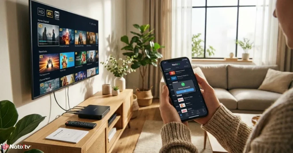 A user setting up a top rated IPTV box with the Natixtv app for smooth streaming.