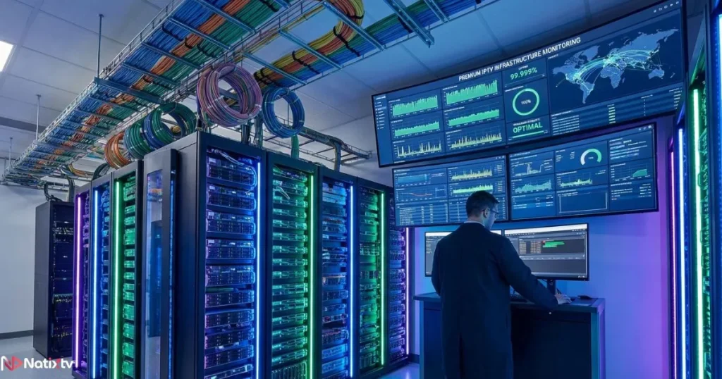 Illustration of a premium IPTV server with high IPTV server stability and uptime in a professional server room.