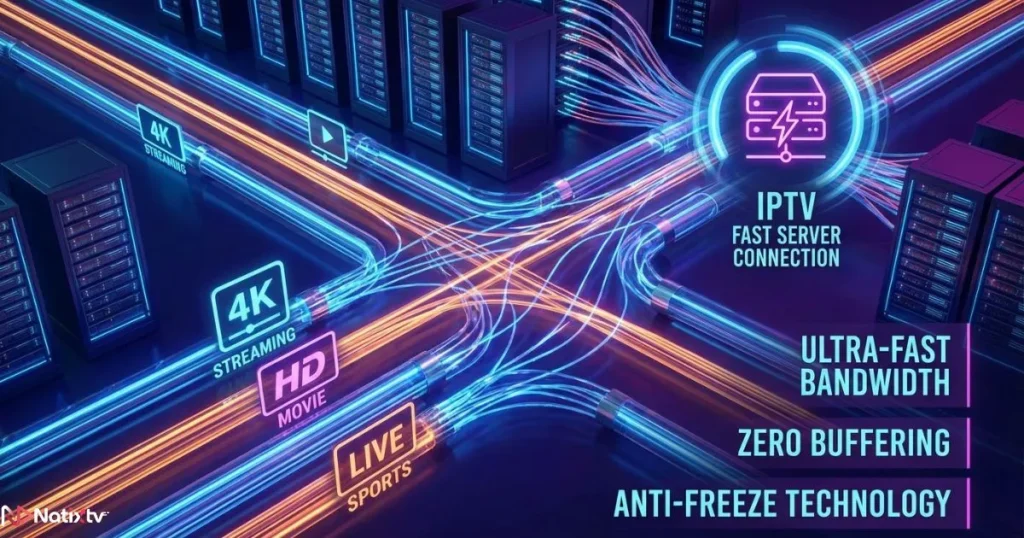 Digital concept showing fast IPTV server and anti-freeze IPTV streaming with smooth high-speed bandwidth