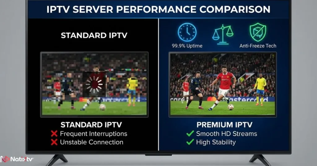Comparison image illustrating premium IPTV server advantages including IPTV uptime, stability, and anti-freeze streaming.