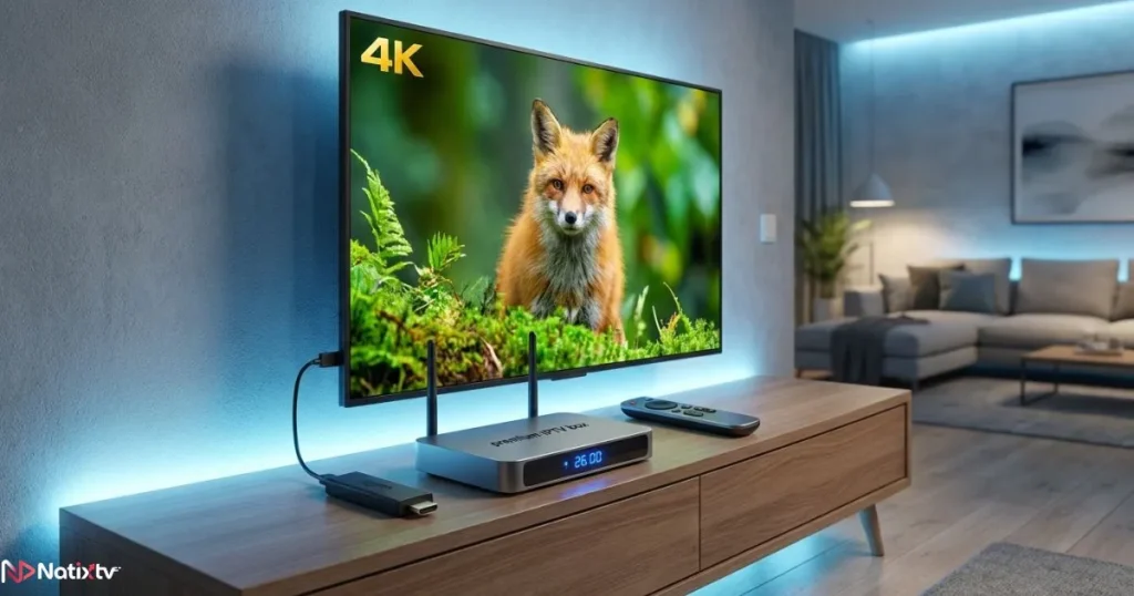 IPTV streaming device setup showing modern IPTV box for TV