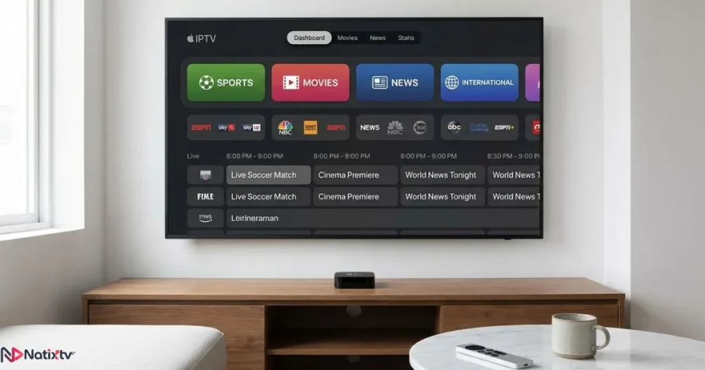 apple tv iptv apps interface displayed on a modern smart TV