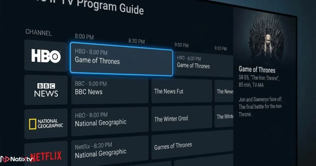 Detailed iptv program guide interface with live tv listings on screen