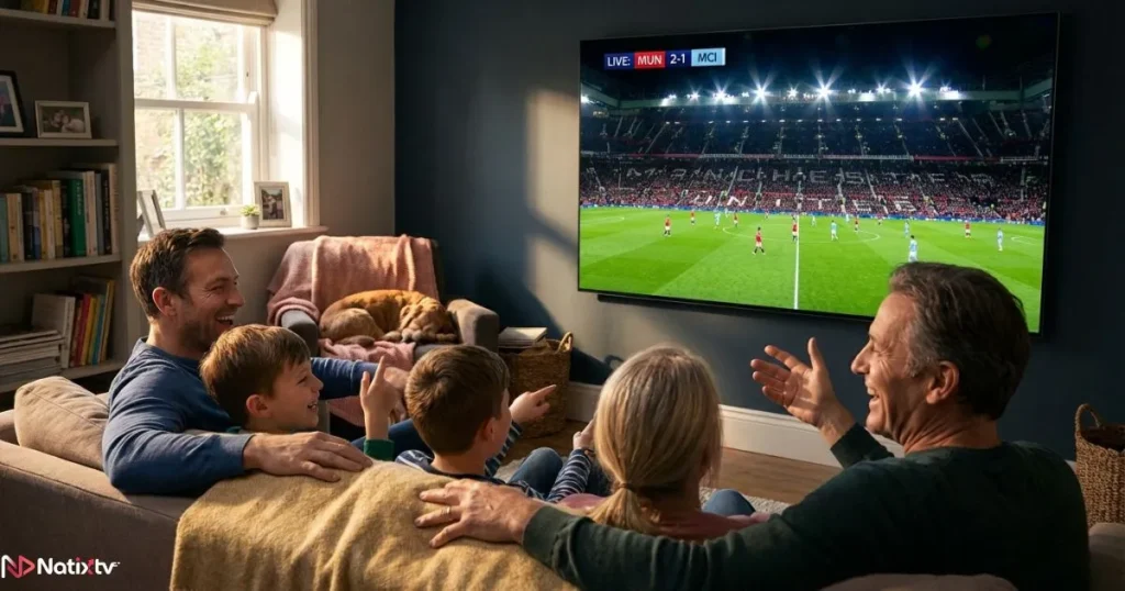 Family enjoying HD IPTV through premium services iptv without interruptions
