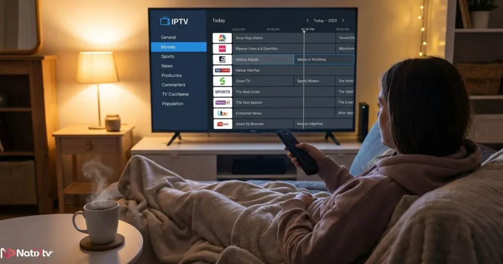 user navigating iptv channels guide on smart tv with remote control