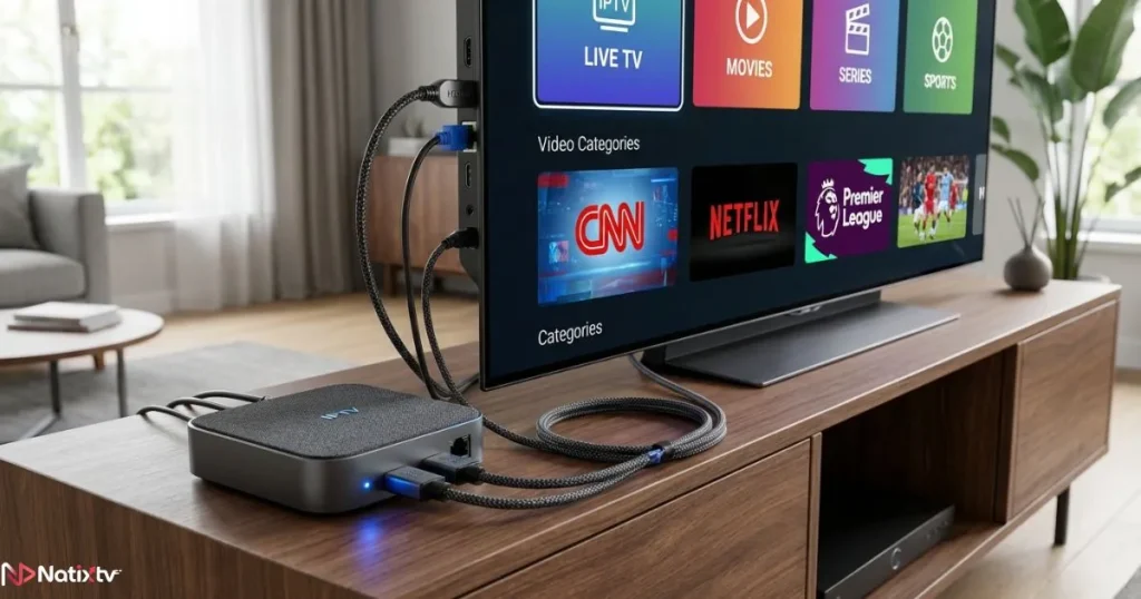IPTV Android box connected to television streaming IPTV channels