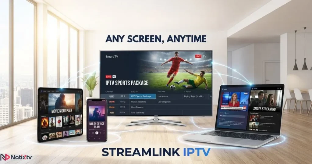 Multi-device setup showing premium IPTV subscription and IPTV plans in action.