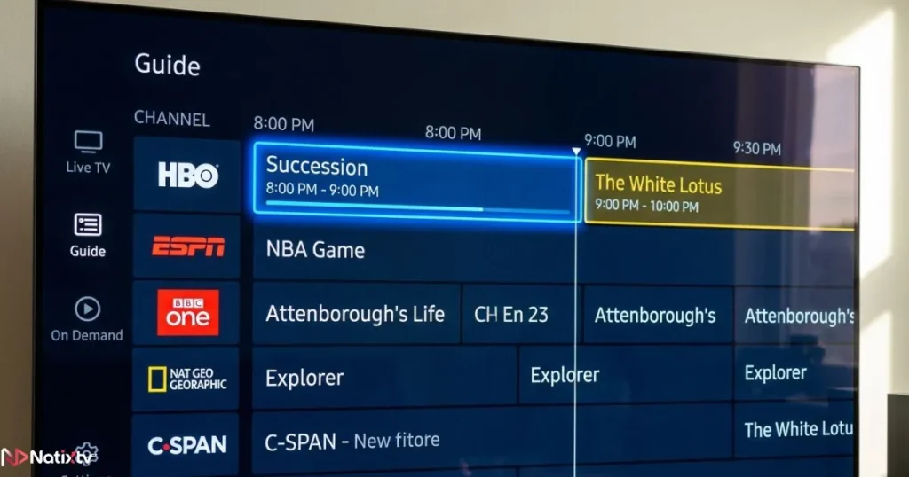 IPTV program guide setup showing live channel schedules and navigation grid