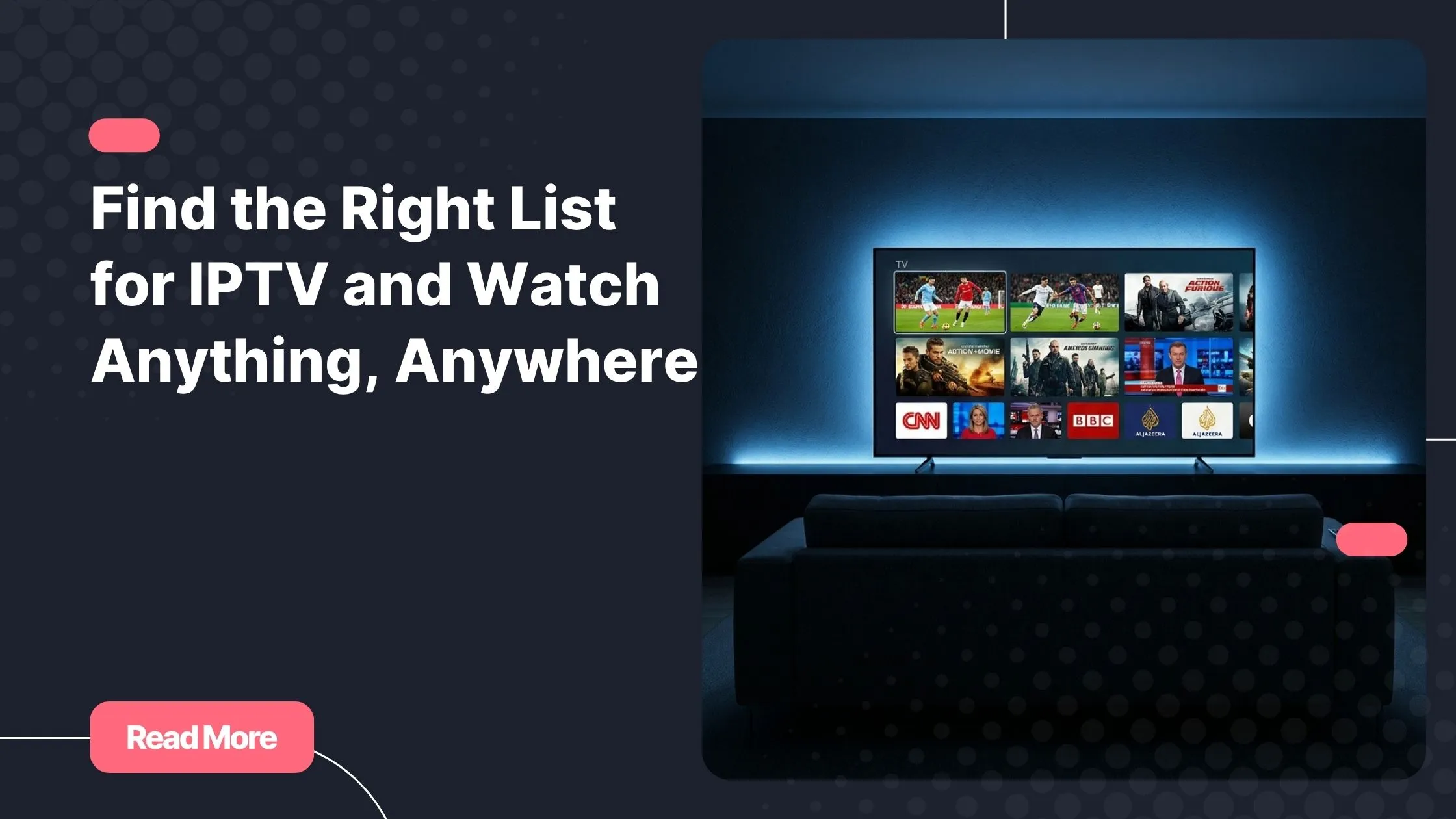 Smart IPTV list displayed on a flat-screen TV in a modern living room with list for IPTV
