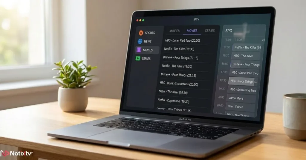 M3U IPTV list loaded in a dark-themed IPTV app on a laptop screen