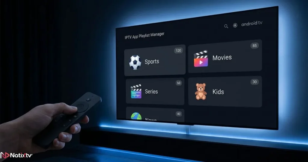 Sleek IPTV app guide showing channel categories on a dark-mode Android TV interface