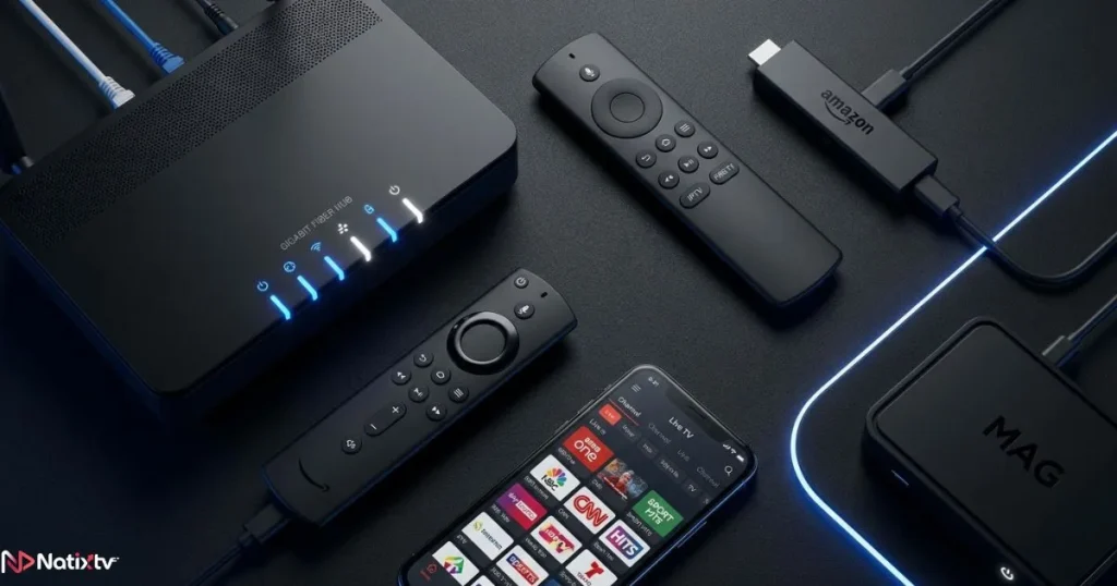 IPTV suppliers setup with router, Firestick, MAG box and smartphone showing live channels