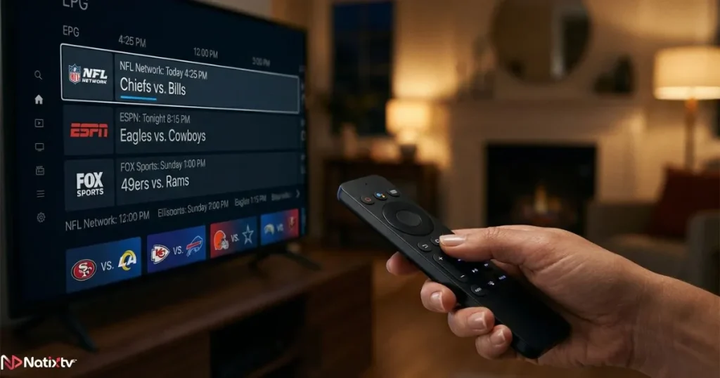 IPTV NFL channels guide showing ESPN NFL Network and Fox Sports on screen