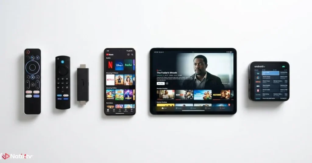 Compatible devices for an IPTV subscription including Smart TV, Firestick, and smartphone