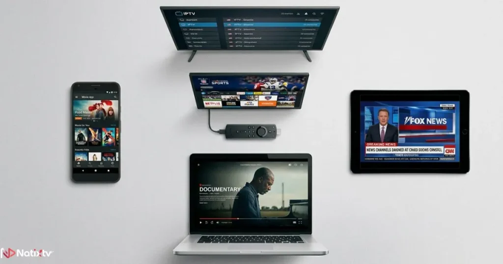 IPTV apps running on multiple compatible devices including smartphone, tablet, Firestick and laptop